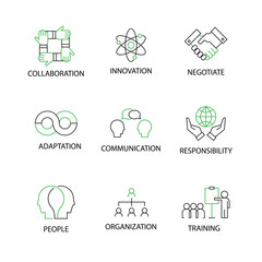 Modern Flat thin line Icon Set in Concept of Soft Skills with word Collaboration,Innovation,Negotiate,Adaption,Communication,Responsibility,People,Organizetion,Trainning. Editable Stroke.