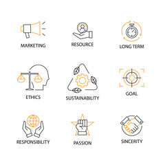 Modern Flat thin line Icon Set in Concept of Corporate Social Responsibility with word Marketing,Resource,Long Term,Ethics,Sustainability,Goal,Responsibility,Passion,Sincerity Editable Stroke.