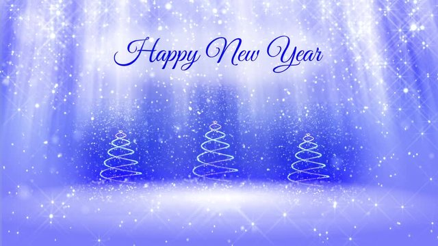 finished bright composition for New Year background with three 3d Christmas tree from glitter particles, sparkles, stars. With rays such as aurora borealis and snowfall on blue background. v1