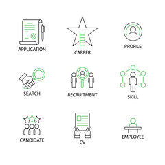 Modern Flat thin line Icon Set in Concept of Human and Resource Management  with word Application,Career,Profile,Search,Recruitment,Skill,Candidate,CV Curriculum Vitae,Employee. Editable Stroke.