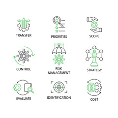 Modern Flat thin line Icon Set in Concept of Risk Management with word Strategy,Risk Management,Control,Scope,Priorities,Transfer,Cost,Identification,Evaluate. Editable Stroke.