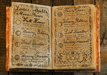 Old book with hand written lunar magic spells. Vintage background with moon phases and hand writing...