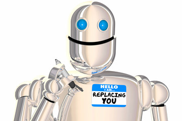 Obraz na płótnie Canvas Replacement Worker Robot Name Tag Displaced Employee 3d Illustration
