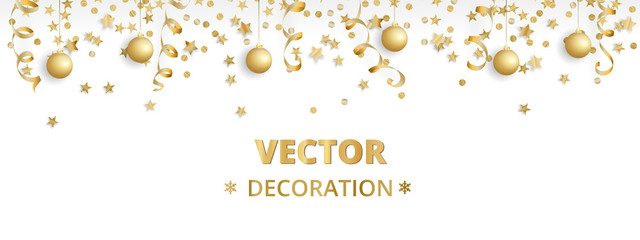 Holiday background. Isolated golden garland border, frame. Hanging baubles, streamers, falling confetti