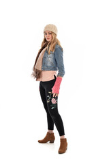 full length portrait of cute girl wearing autumn fashion, standing pose isolated on white background.