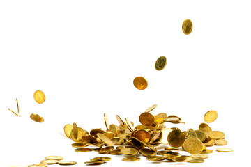 Falling gold coins money isolated on the white background, business concept.