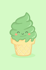 Cute Twist Swirl Ice Cream Cone Greentea Matcha Vector Illustration Cartoon
