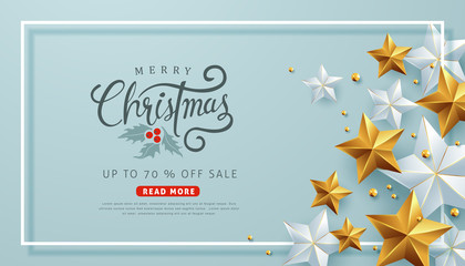 Merry christmas sale background Decorated with Gold and silver Stars.Vector illustration template. - obrazy, fototapety, plakaty