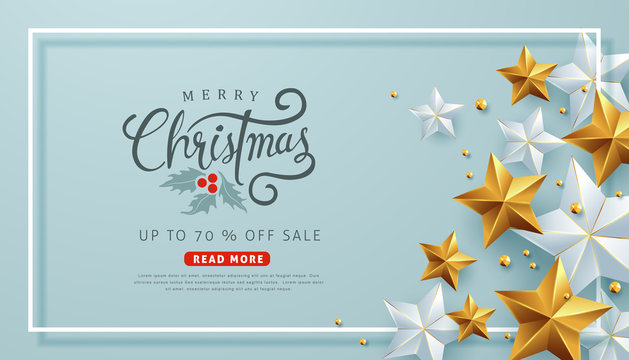 Merry christmas sale background Decorated with Gold and silver Stars.Vector illustration template.