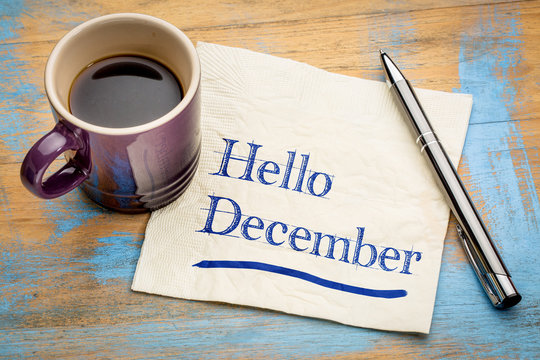 Hello December note on a napkin