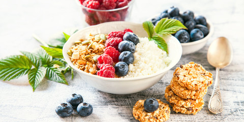 cottage cheese, muesli and fresh fruit for breakfast, selective focus