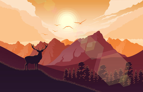 Mountains landscape with deer on the hills at sunset