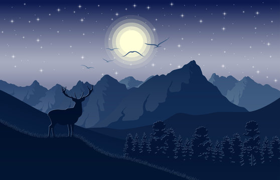Night mountains landscape with deer on the hills and stars on the sky