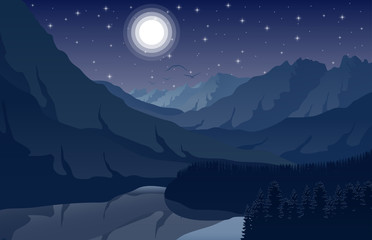 Night mountain landscape with forest and lake