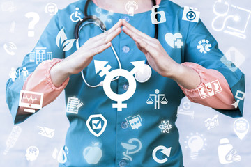 Transgender Safety Medicine concept. Medical Ethics, Tolerance. Doctor holds roof hands over...