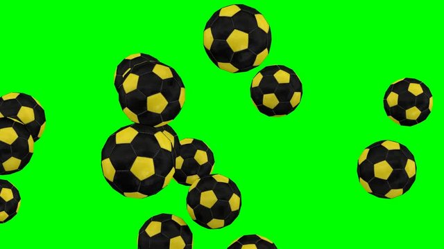 Animated simple soccer balls with yellow and black material dancing, flying or jumping against green background and in slow motion. Close up shot and front camera view