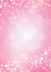 Gradient pink background with Snow, snowflake and hearts border