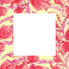 Watercolor invitation card with flowers of rose, lavender, wild grass. Vintage postcard,logo, an invitation to a holiday pattern. 