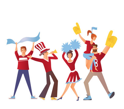 Group of sport fans with football attributes cheering for the team. Flat vector illustration, isolated on a white background. Cartoon character image.
