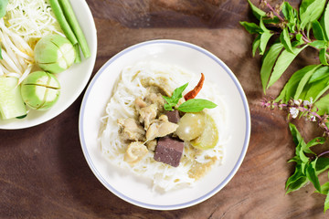 Thai food, rice vermicelli noodles with green curry chicken
