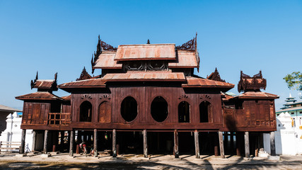 Fototapeta na wymiar The temple wooden hall in the famous Shwe Yan Pyay Monastery, NYAUNG SHWE, SHAN STATE, MYANMAR