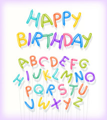 Happy Birthday spelled out in twisted balloons. Includes entire floating balloon alphabet on strings. For cards, banners, print.