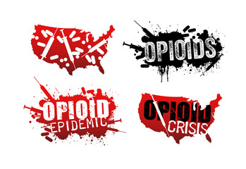 Set of grunge designs with text about the opioid crisis or epidemic in the United States. - obrazy, fototapety, plakaty