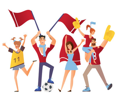 Group of sport fans with football attributes cheering for the team. Flat vector illustration on a white background. Cartoon character image.