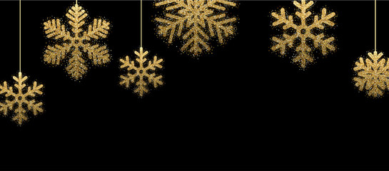 Black winter banner with golden snowflakes.