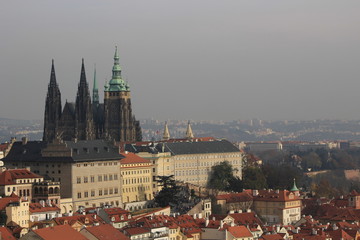 View on colorful autumn Prague City with its Towers and historical Buildings, Czech Republic