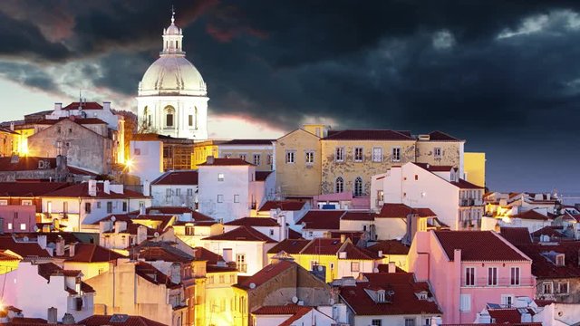 Lisbon skyline at sunset, Alafama - Portugal, Time lapse