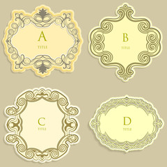Set vector label, vintage frame for an inscription, calligraphic ornament, template to cut paper, space for images or lettering, 3D effect.