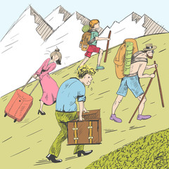 Comic strip. Tired travelers climb a mountain. Tourists follow the guide. - 179942912