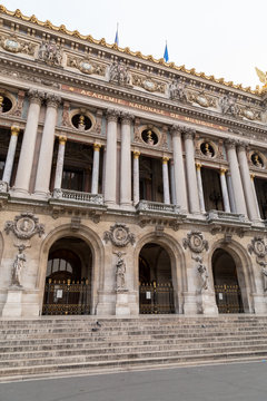 Architectural details of Opera National de Paris. Grand Opera Garnier Palace is famous neo-baroque building in Paris, France - UNESCO World Heritage Site