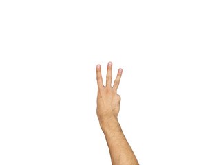 3 fingers hand gesture isolated on white background, clipping path