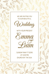 Wedding marriage event invitation RSVP card template. Swirly curly tree branch leaves border frame. Shining golden gradient on white background. Vertical portrait aspect ratio. Text placeholder.