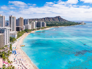 Waikiki Beach and Diamond Head Crater including the hotels and buildings in Waikiki, Honolulu, Oahu...