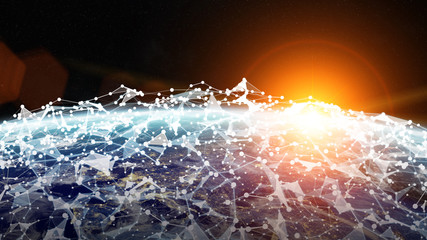 Global network and datas exchanges over the planet Earth 3D rendering