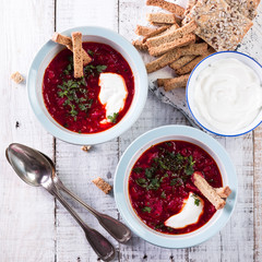 beetroot soup. Traditional ukrainian russian polish beet soup.