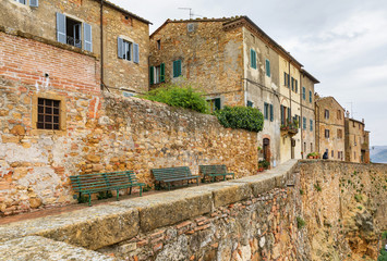 Fototapeta na wymiar View of the city walls of Pienza, a beautiful town in the Val d'Orcia region, province of Siena