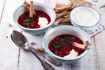 beetroot soup. Traditional ukrainian russian polish beet soup.