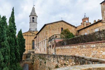 Fototapeta na wymiar View of the city walls of Pienza, a beautiful town in the Val d'Orcia region, province of Siena