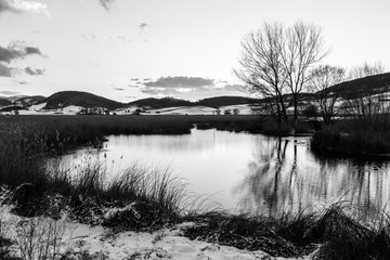 A lake shore in Colfiorito (Umbria) in winter with snow and trees reflecting on water
