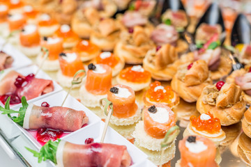 Gourmet appetizers: caviar, venison, tuna and salmon.