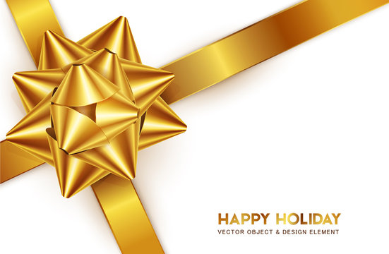 Vector illustration. Gold bow for packing gifts, isolated on white background. Realistic 3d object. Element for design.