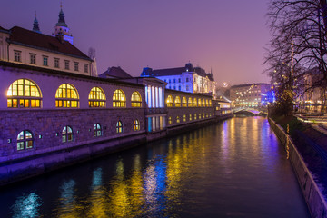 Christmas decoration Ljubljana city center at night.