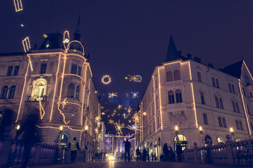 Christmas decoration of Ljubljana city center at night.