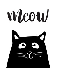 Black head of Cute Cat with hand lettering word Meow on white background.