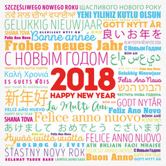 2018 Happy New Year in different languages, celebration word cloud greeting card