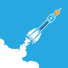 rocket bitcoin icon going up. crypto currency start up concept